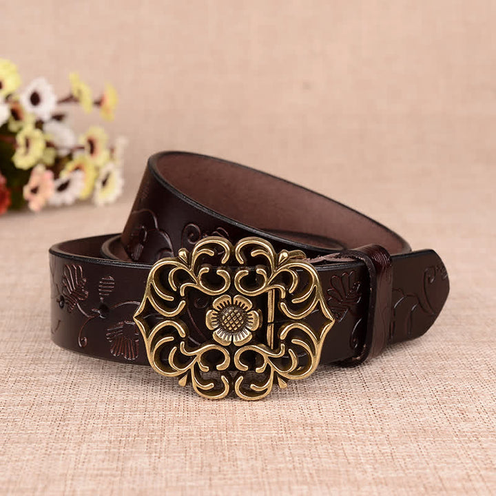 Cintura in pelle goffrata retrò con girasole cavo da donna - Caffè - 40 - image 11
