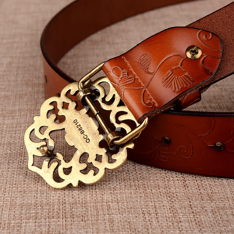 Cintura in pelle goffrata retrò con girasole cavo da donna