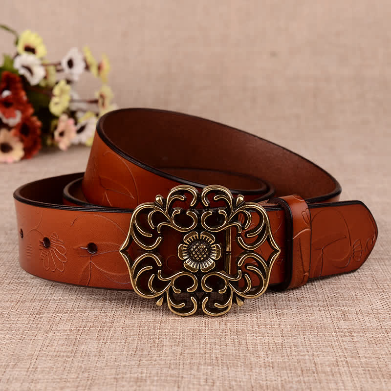 Cintura in pelle goffrata retrò con girasole cavo da donna