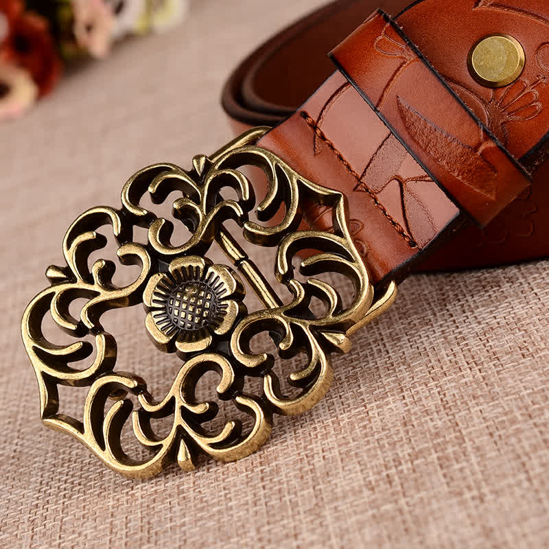 Cintura in pelle goffrata retrò con girasole cavo da donna