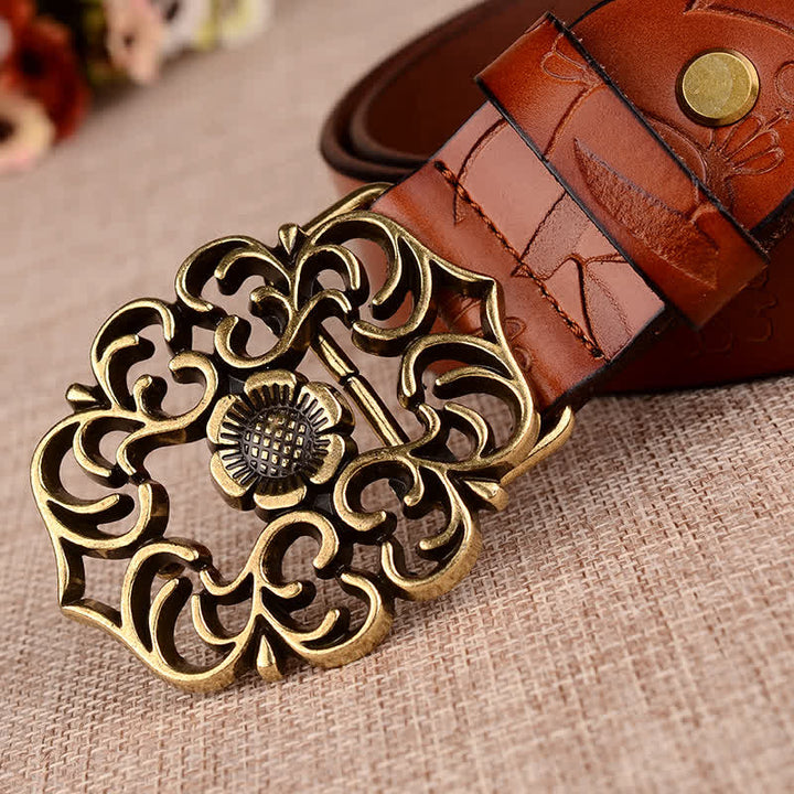 Cintura in pelle goffrata retrò con girasole cavo da donna