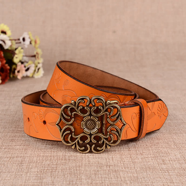 Cintura in pelle goffrata retrò con girasole cavo da donna