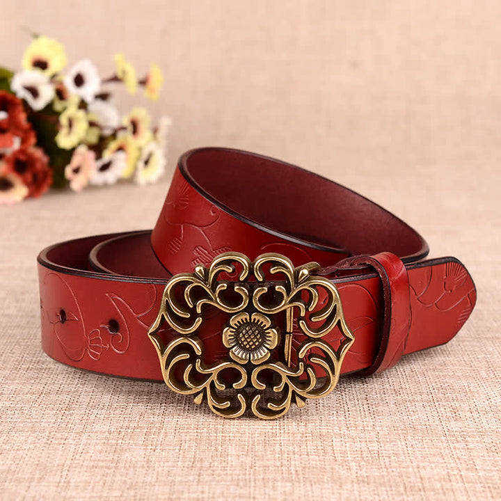 Cintura in pelle goffrata retrò con girasole cavo da donna