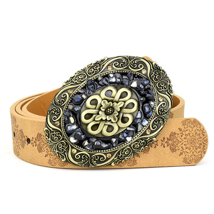 Cintura in pelle turchese con pietra colorata intarsiata decorativa da donna - Stile n. 1 - Cammello - 44" - image 0