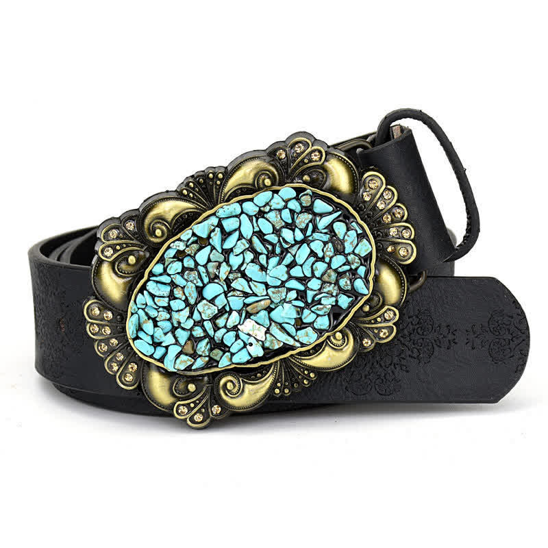 Cintura in pelle turchese con pietra colorata intarsiata decorativa da donna - Stile n. 9 - Nero - 44" - image 19