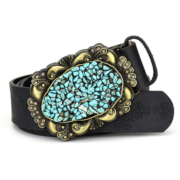 Cintura in pelle turchese con pietra colorata intarsiata decorativa da donna - Stile n. 9 - Nero - 44" - image 19