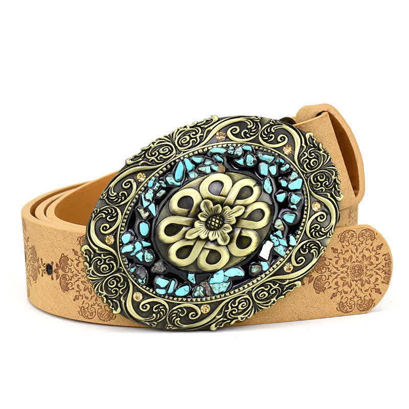 Cintura in pelle turchese con pietra colorata intarsiata decorativa da donna - Stile n. 2 - Cammello - 44" - image 4