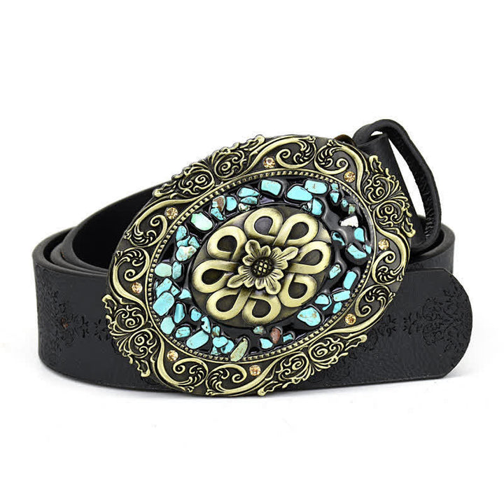Cintura in pelle turchese con pietra colorata intarsiata decorativa da donna - Stile n. 2 - Nero - 44" - image 5