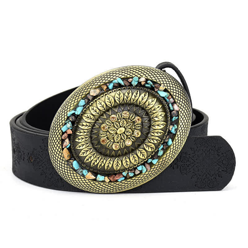 Cintura in pelle turchese con pietra colorata intarsiata decorativa da donna - Stile n. 4 - Nero - 44" - image 9
