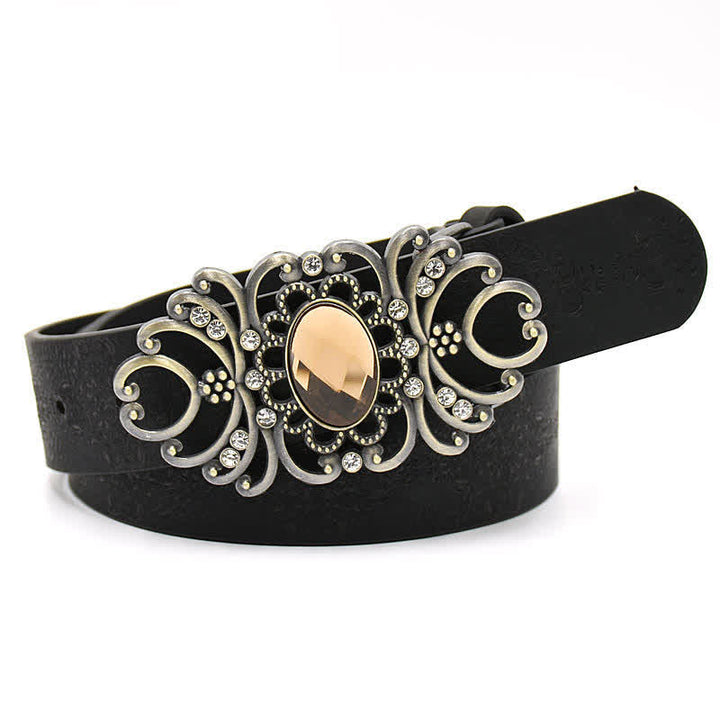 Cintura in pelle con fibbia a forma di fiore cavo in cristallo artificiale da donna