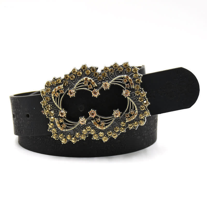 Cintura in pelle con fibbia a forma di fiore cavo in cristallo artificiale da donna