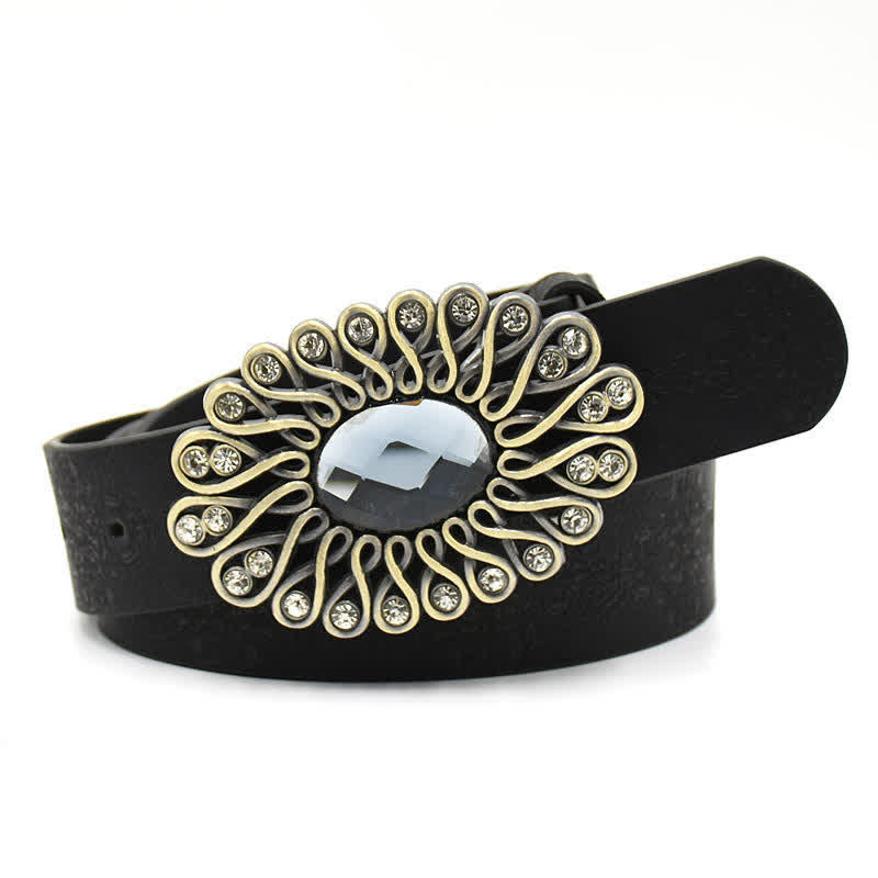 Cintura in pelle con fibbia a forma di fiore cavo in cristallo artificiale da donna