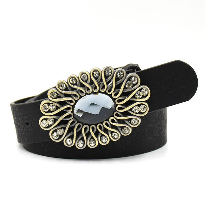 Cintura in pelle con fibbia a forma di fiore cavo in cristallo artificiale da donna