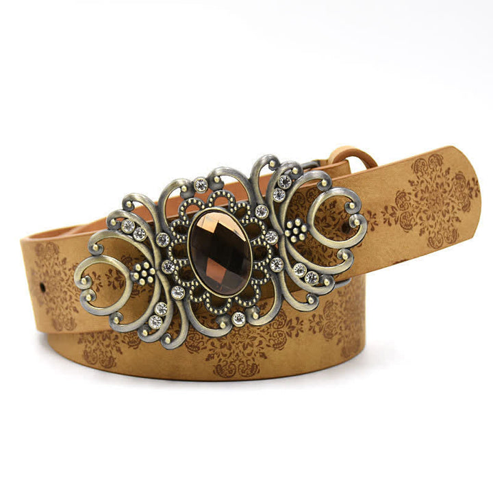 Cintura in pelle con fibbia a forma di fiore cavo in cristallo artificiale da donna
