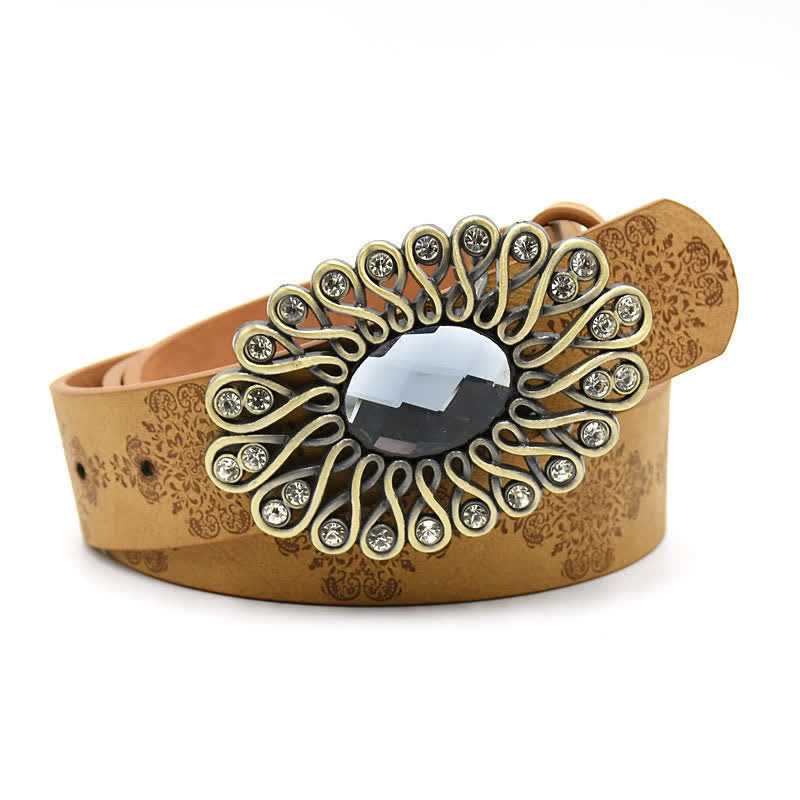 Cintura in pelle con fibbia a forma di fiore cavo in cristallo artificiale da donna