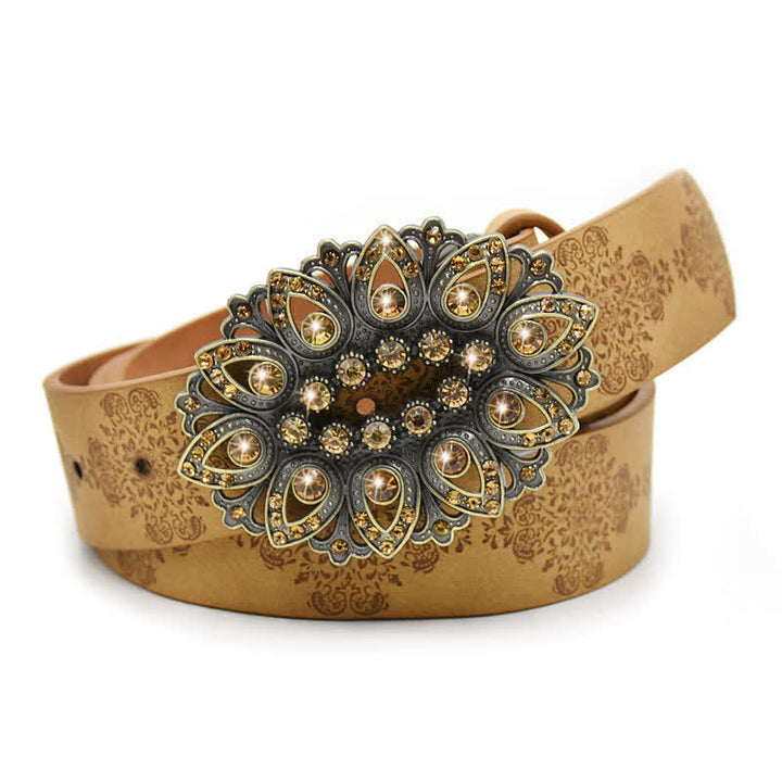Cintura in pelle con fibbia a forma di fiore cavo in cristallo artificiale da donna