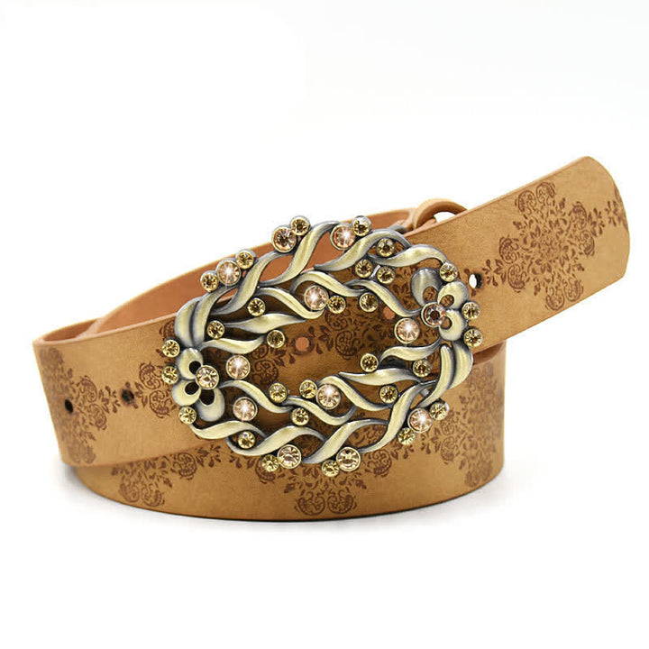 Cintura in pelle con fibbia a forma di fiore cavo in cristallo artificiale da donna - Stile n. 3 - Cammello - 44" - image 6
