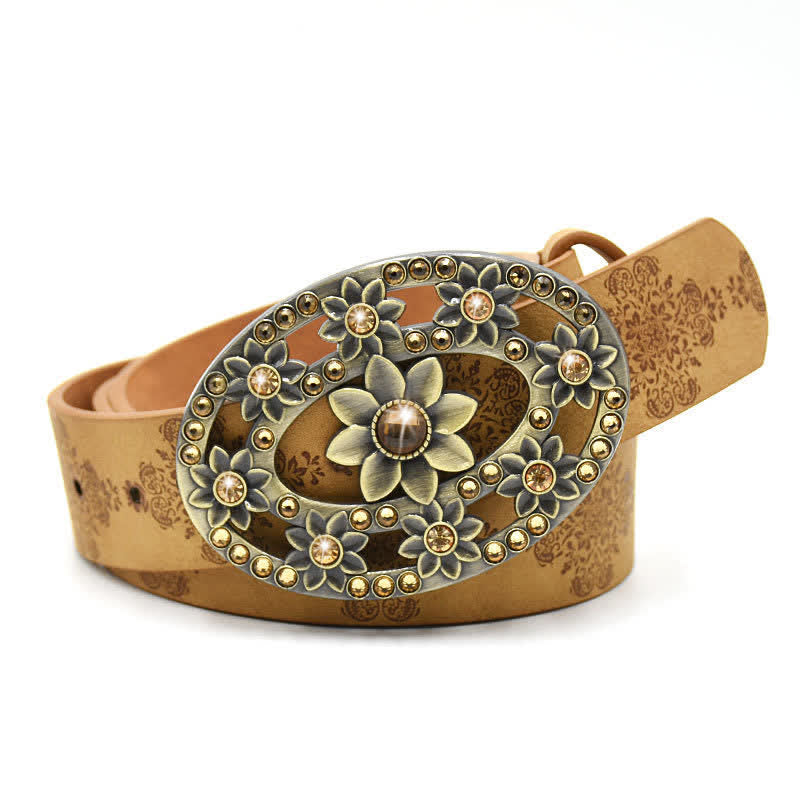 Cintura in pelle con fibbia a forma di fiore cavo in cristallo artificiale da donna