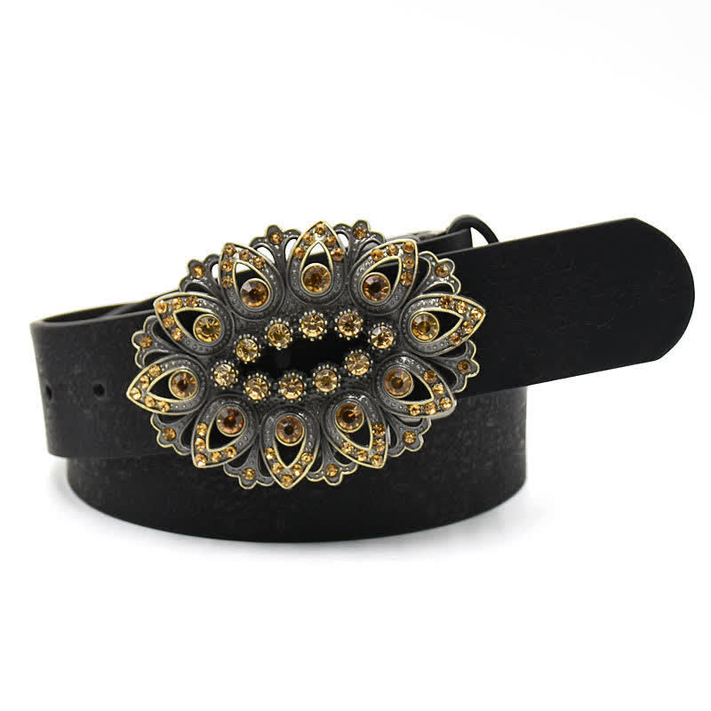 Cintura in pelle con fibbia a forma di fiore cavo in cristallo artificiale da donna