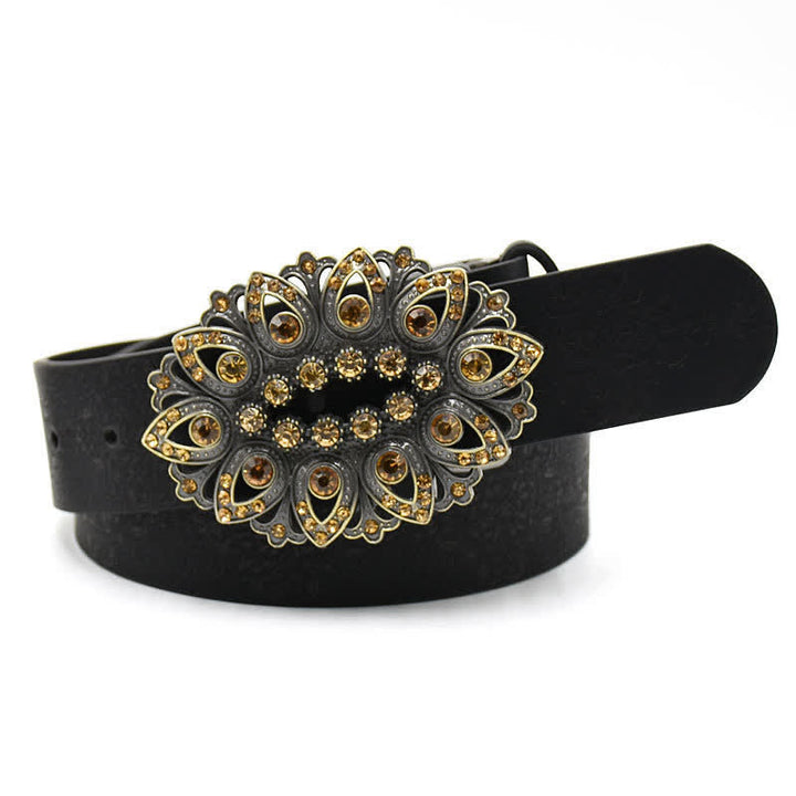 Cintura in pelle con fibbia a forma di fiore cavo in cristallo artificiale da donna