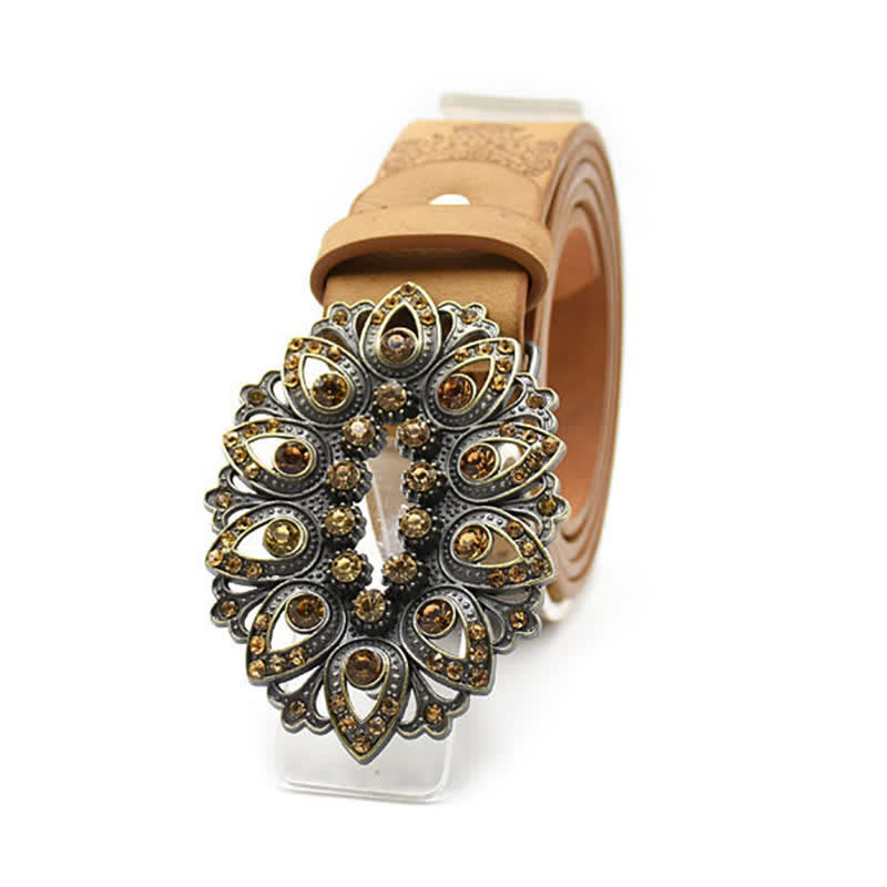 Cintura in pelle con fibbia a forma di fiore cavo in cristallo artificiale da donna