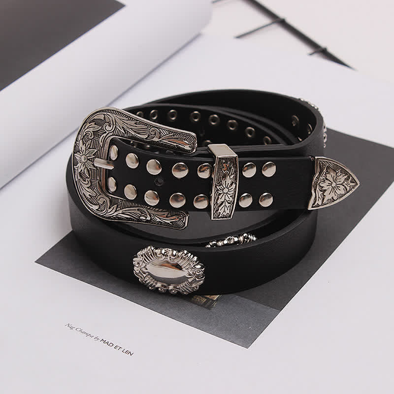 Cintura da donna in pelle con borchie argentate e motivo floreale intagliato - Nero - 36 - image 0