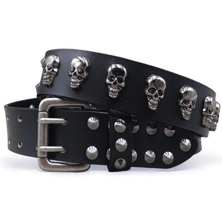Cintura in pelle con doppio perno e rivetti a forma di teschio hip hop - Nero - 44 - image 0