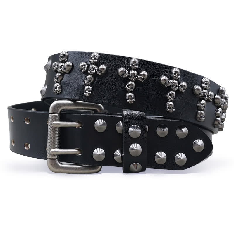 Cintura in pelle con doppio perno e rivetti a forma di croce con teste di teschio - Nero - 44 - image 0