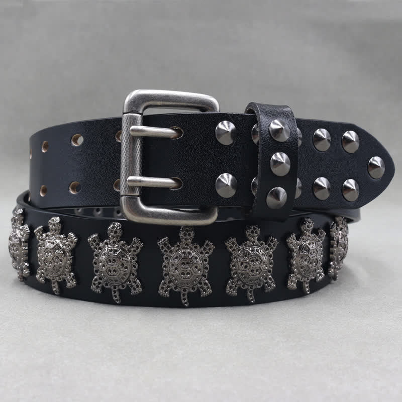 Cintura in pelle con doppio perno e rivetti a tartaruga in metallo tridimensionale