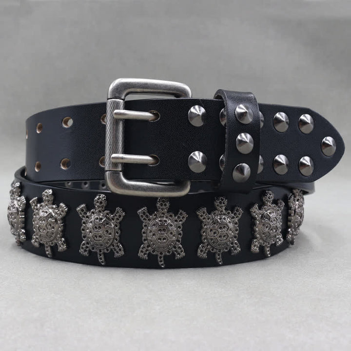Cintura in pelle con doppio perno e rivetti a tartaruga in metallo tridimensionale