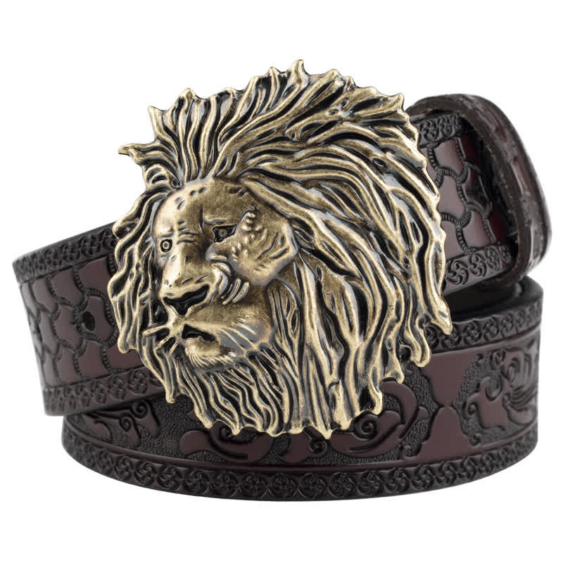 Cintura in pelle da ufficio con testa di leone in rilievo - Caffè / Bronzo - 46 - image 11