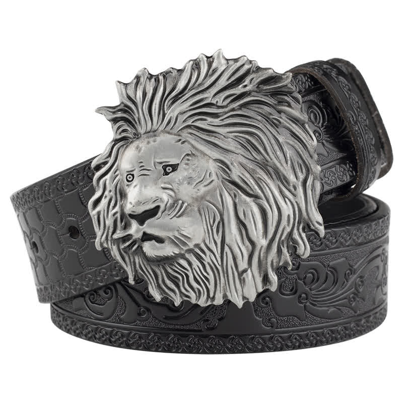 Cintura in pelle da ufficio con testa di leone in rilievo - Nero / Argento - 46 - image 8