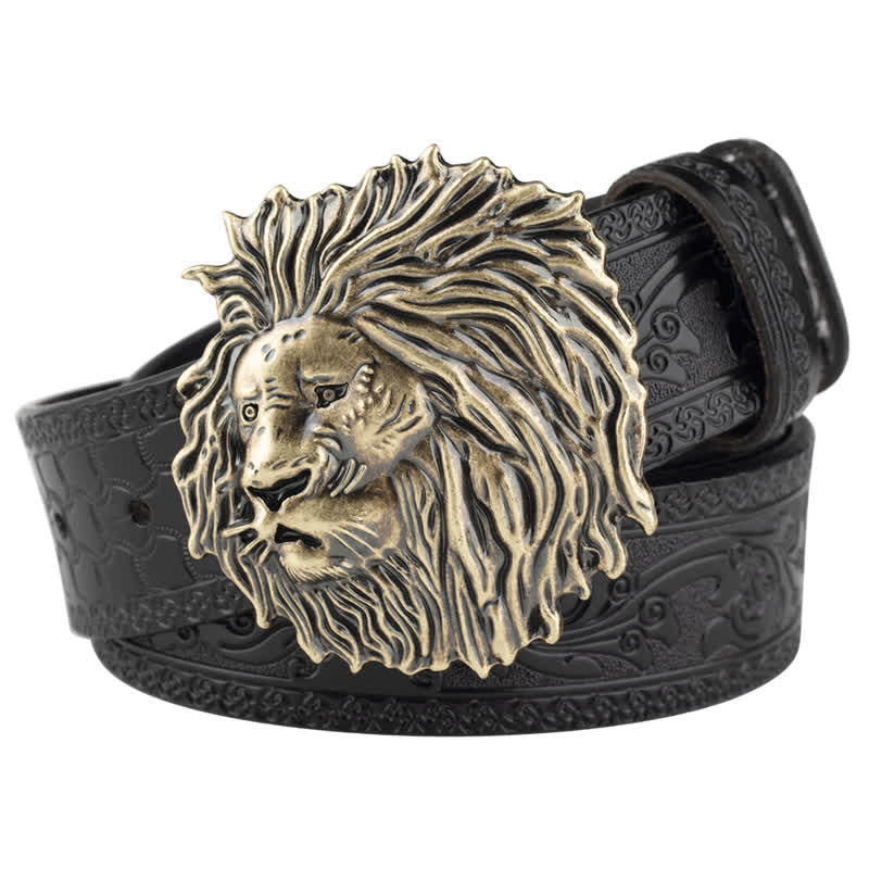 Cintura in pelle da ufficio con testa di leone in rilievo - Nero / Bronzo - 46 - image 9