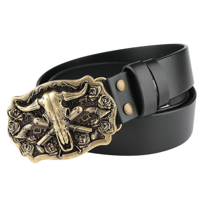 Cintura in pelle con testa di toro Longhorn in bronzo rodeo - Toro e pistola - 46 - image 0