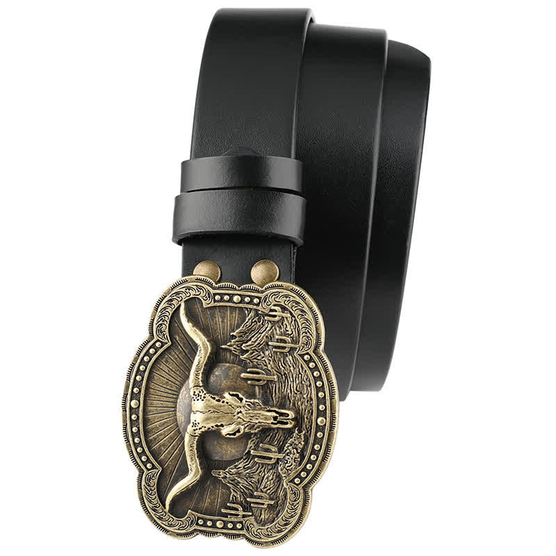 Cintura in pelle con testa di toro Longhorn in bronzo rodeo