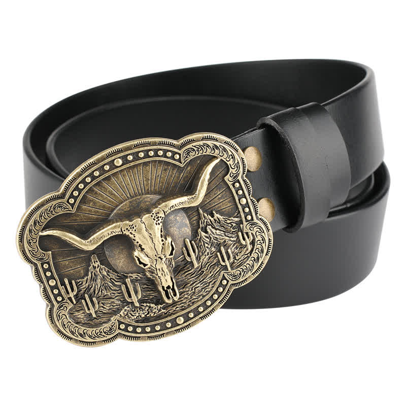 Cintura in pelle con testa di toro Longhorn in bronzo rodeo