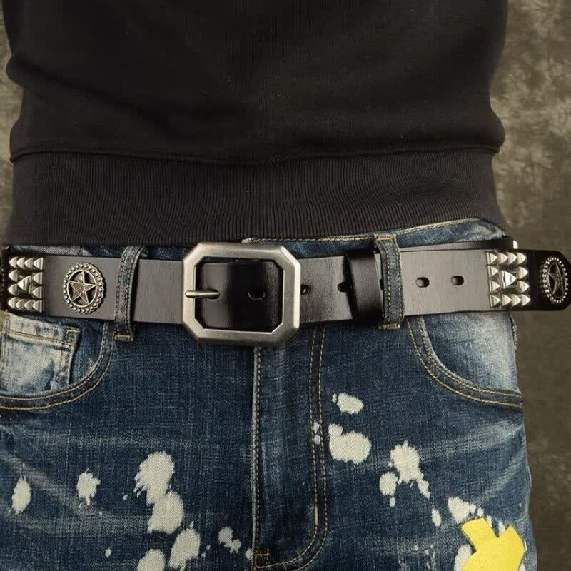Cintura in pelle da motociclista punk con borchie a stella in metallo