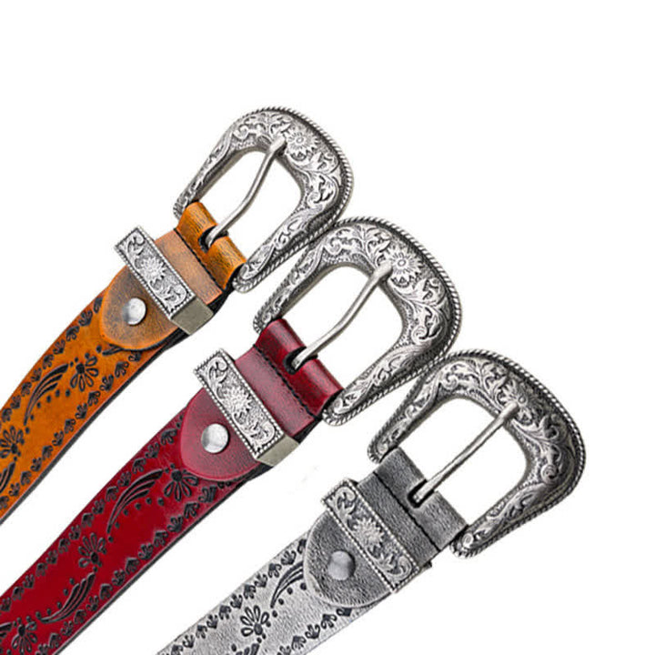 Cintura in pelle goffrata con incisione floreale in stile occidentale