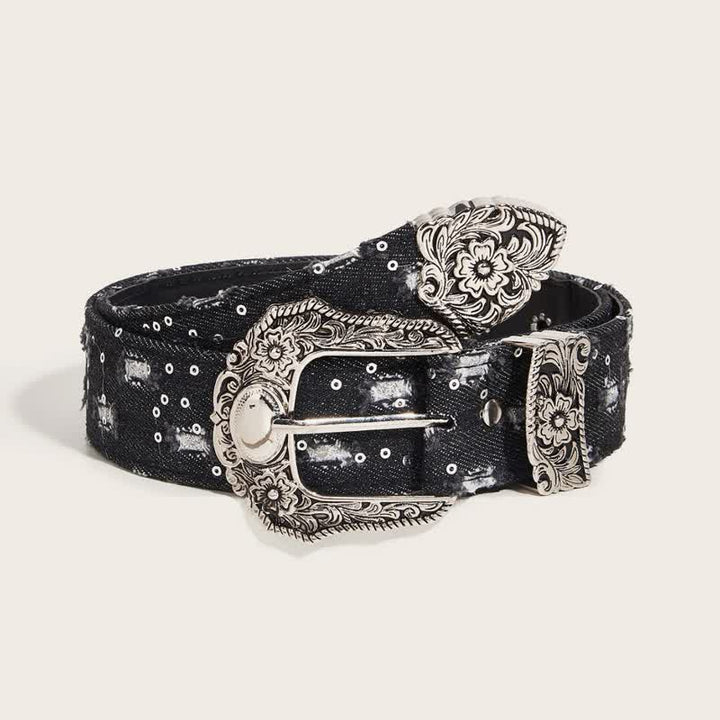 Cintura in denim con fibbia a fiore incisa, unica e alla moda - Nero - 34 - image 0