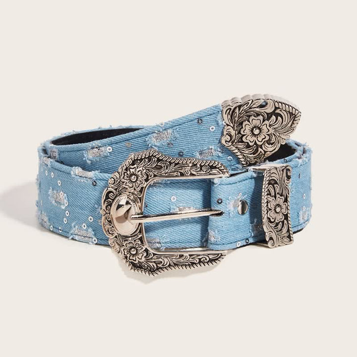 Cintura in denim con fibbia a fiore incisa, unica e alla moda