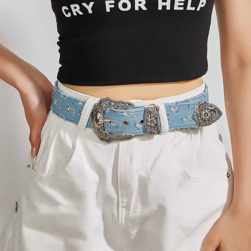 Cintura in denim con fibbia a fiore incisa, unica e alla moda