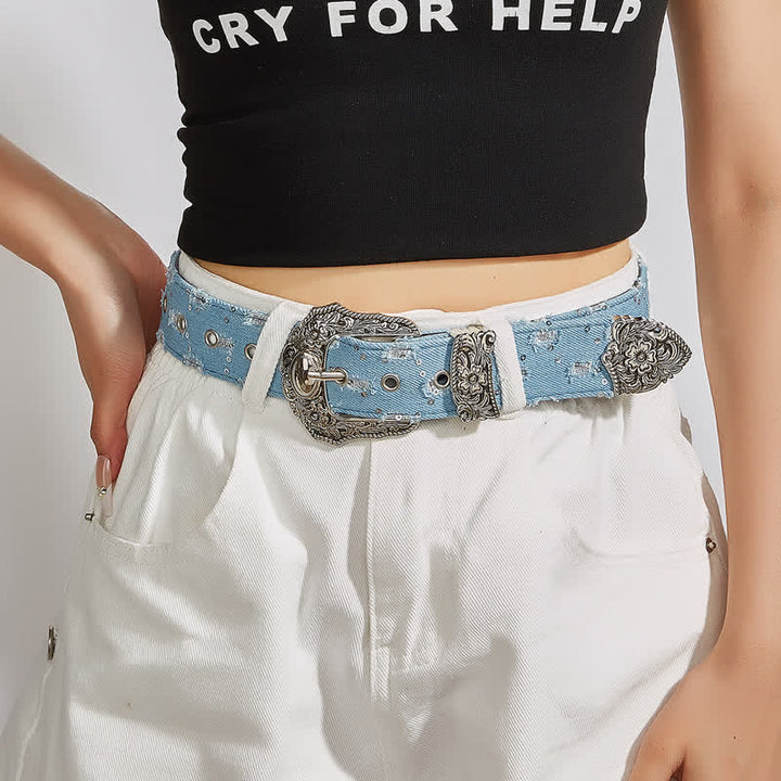 Cintura in denim con fibbia a fiore incisa, unica e alla moda