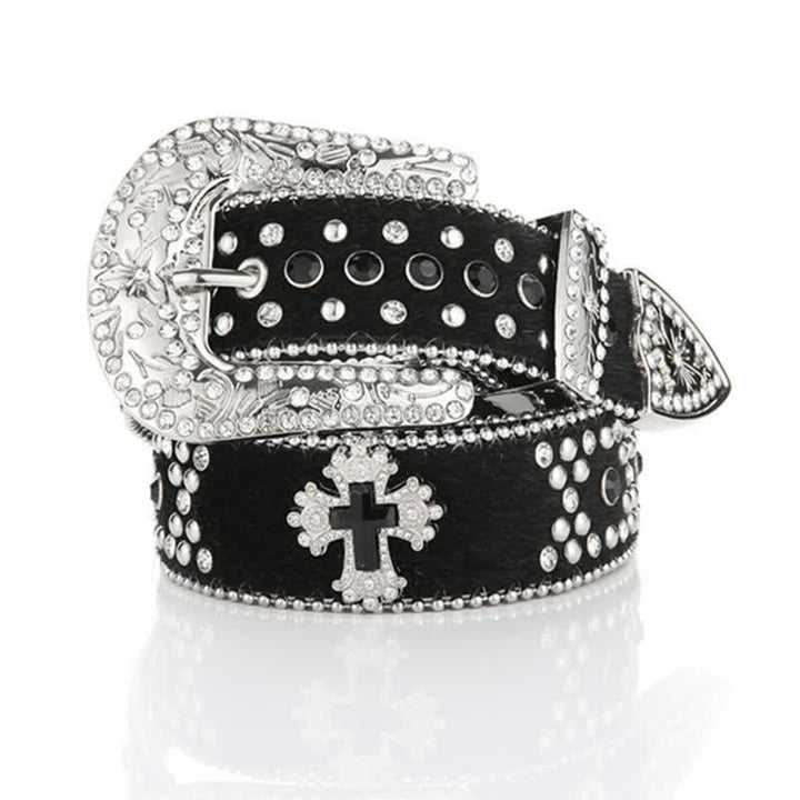 Cintura in pelle con fibbia incisa e rivetto a croce nera, decorazione con strass