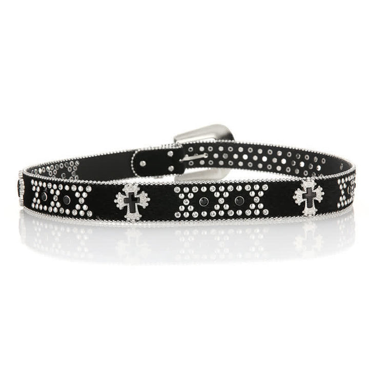 Cintura in pelle con fibbia incisa e rivetto a croce nera, decorazione con strass