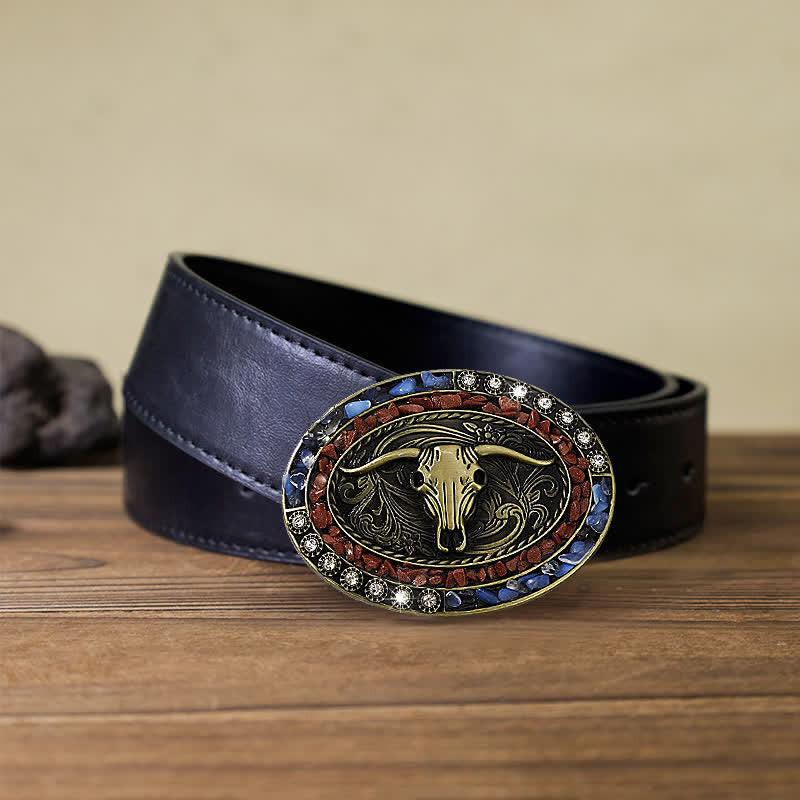 Cintura in pelle con fibbia a forma di toro con pietre blu e bordeaux fai da te da uomo