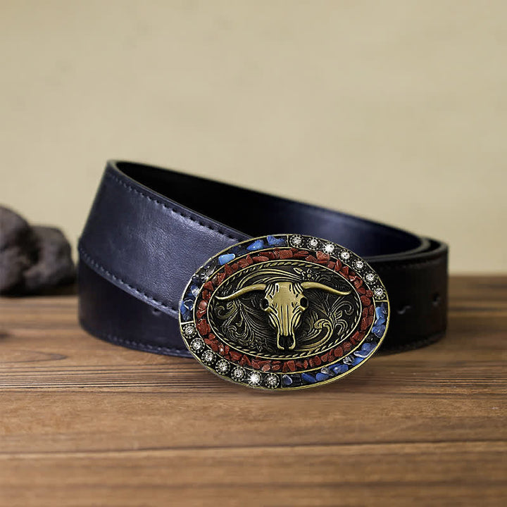 Cintura in pelle con fibbia a forma di toro con pietre blu e bordeaux fai da te da uomo
