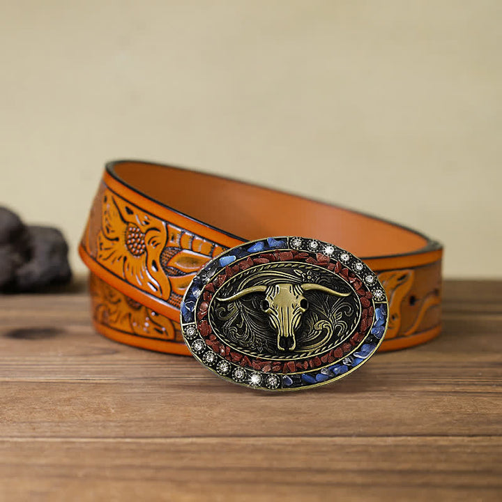 Cintura in pelle con fibbia a forma di toro con pietre blu e bordeaux fai da te da uomo