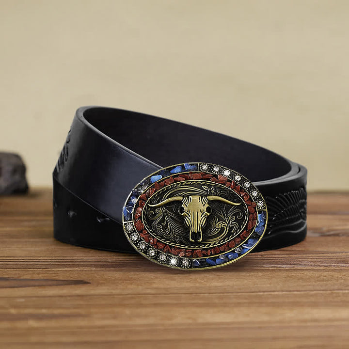 Cintura in pelle con fibbia a forma di toro con pietre blu e bordeaux fai da te da uomo