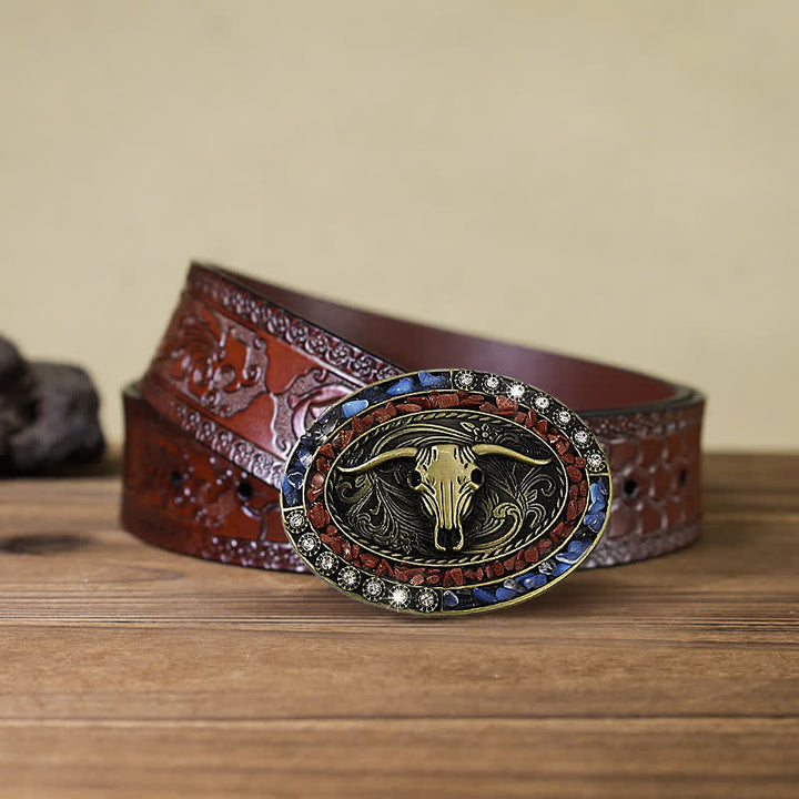 Cintura in pelle con fibbia a forma di toro con pietre blu e bordeaux fai da te da uomo - Toro - Cintura marrone intagliata (40) - image 8