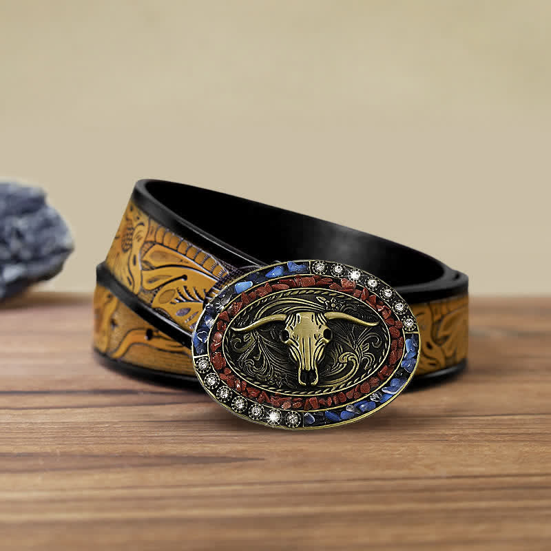 Cintura in pelle con fibbia a forma di toro con pietre blu e bordeaux fai da te da uomo
